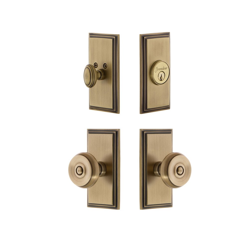 Handleset - Carre Plate With Bouton Knob & Matching Deadbolt In Vintage Brass