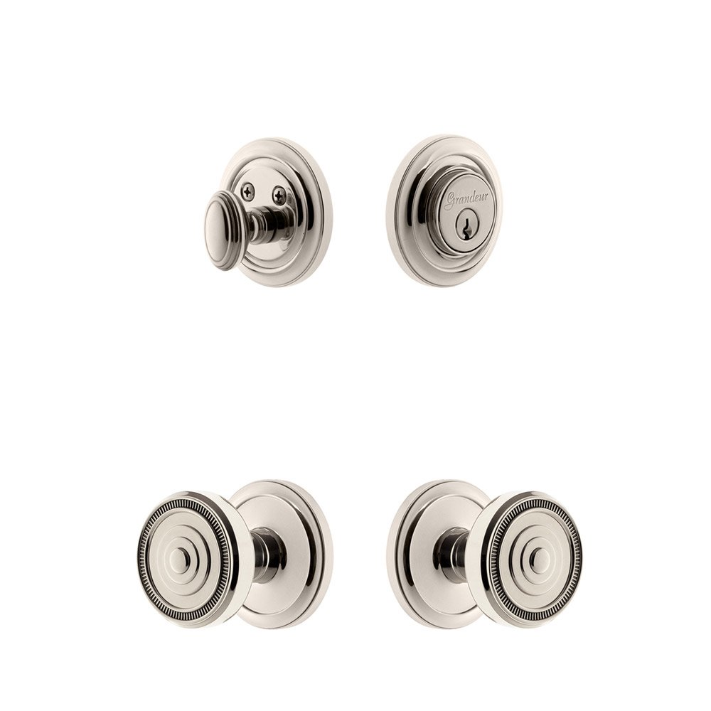 Handleset - Circulaire Rosette With Soleil Knob & Matching Deadbolt In Polished Nickel