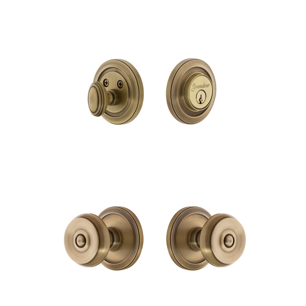 Handleset - Circulaire Rosette With Bouton Knob & Matching Deadbolt In Vintage Brass