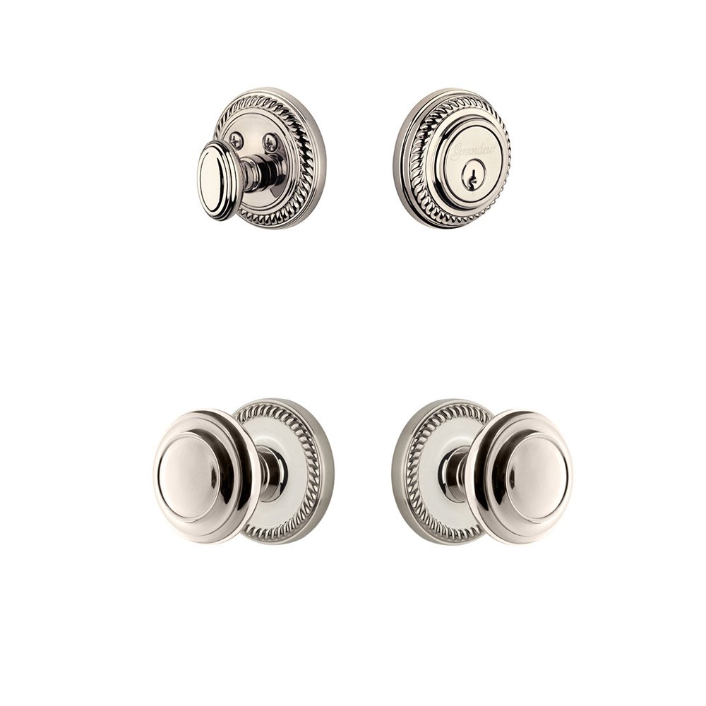 Handleset - Newport Rosette With Circulaire Knob & Matching Deadbolt In Polished Nickel