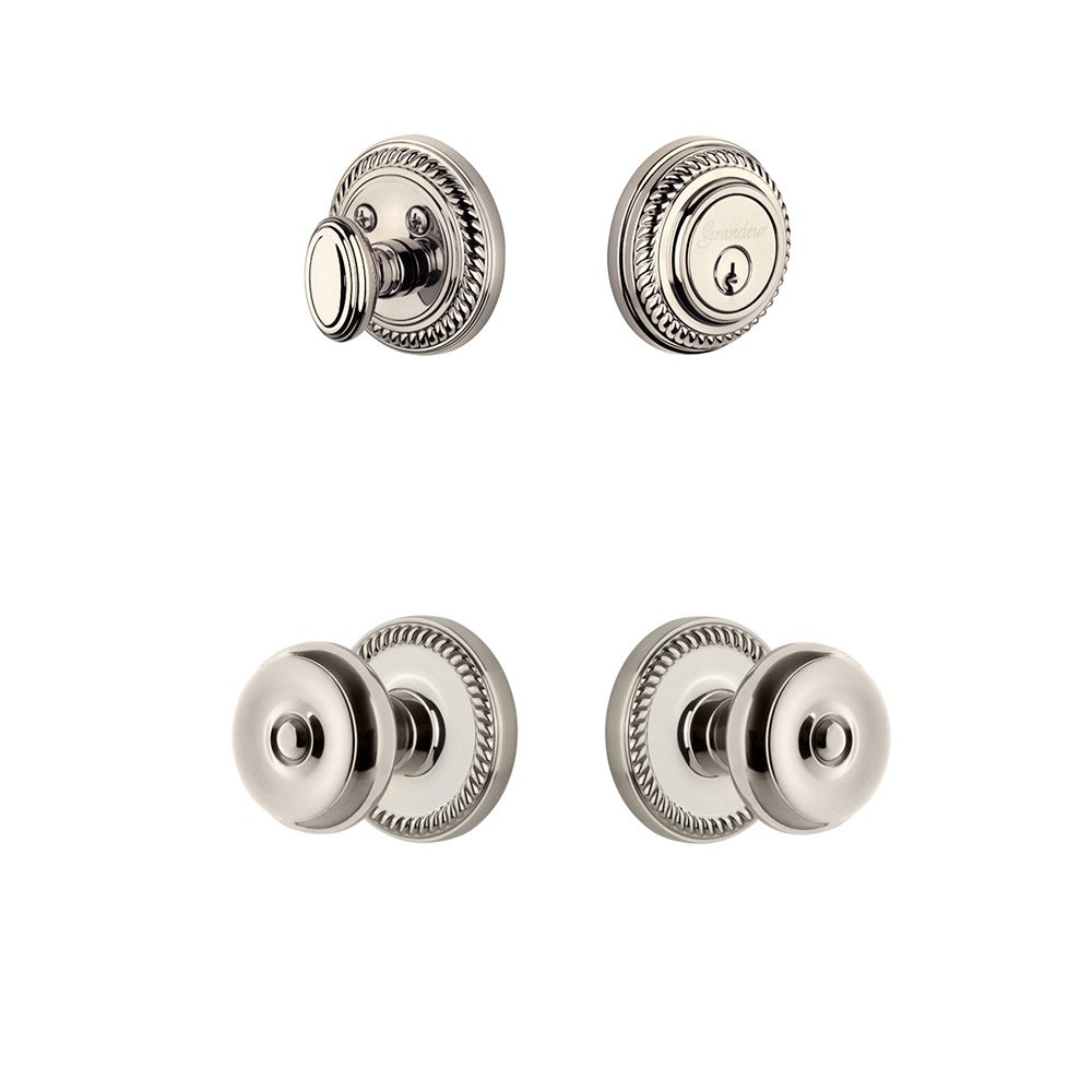 Handleset - Newport Rosette With Bouton Knob & Matching Deadbolt In Polished Nickel