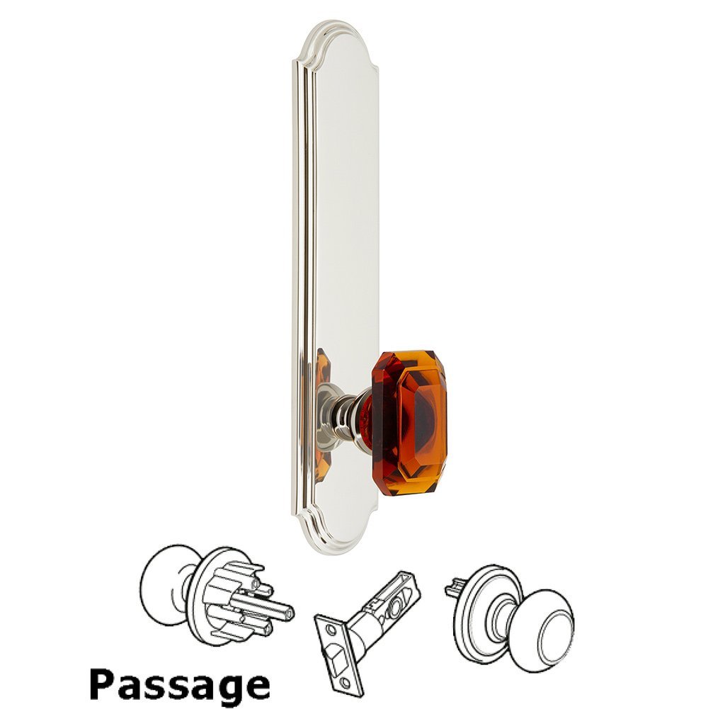 Tall Plate Passage with Baguette Amber Knob in Polished Nickel
