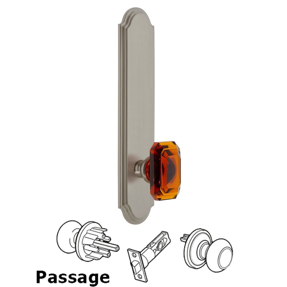 Tall Plate Passage with Baguette Amber Knob in Satin Nickel
