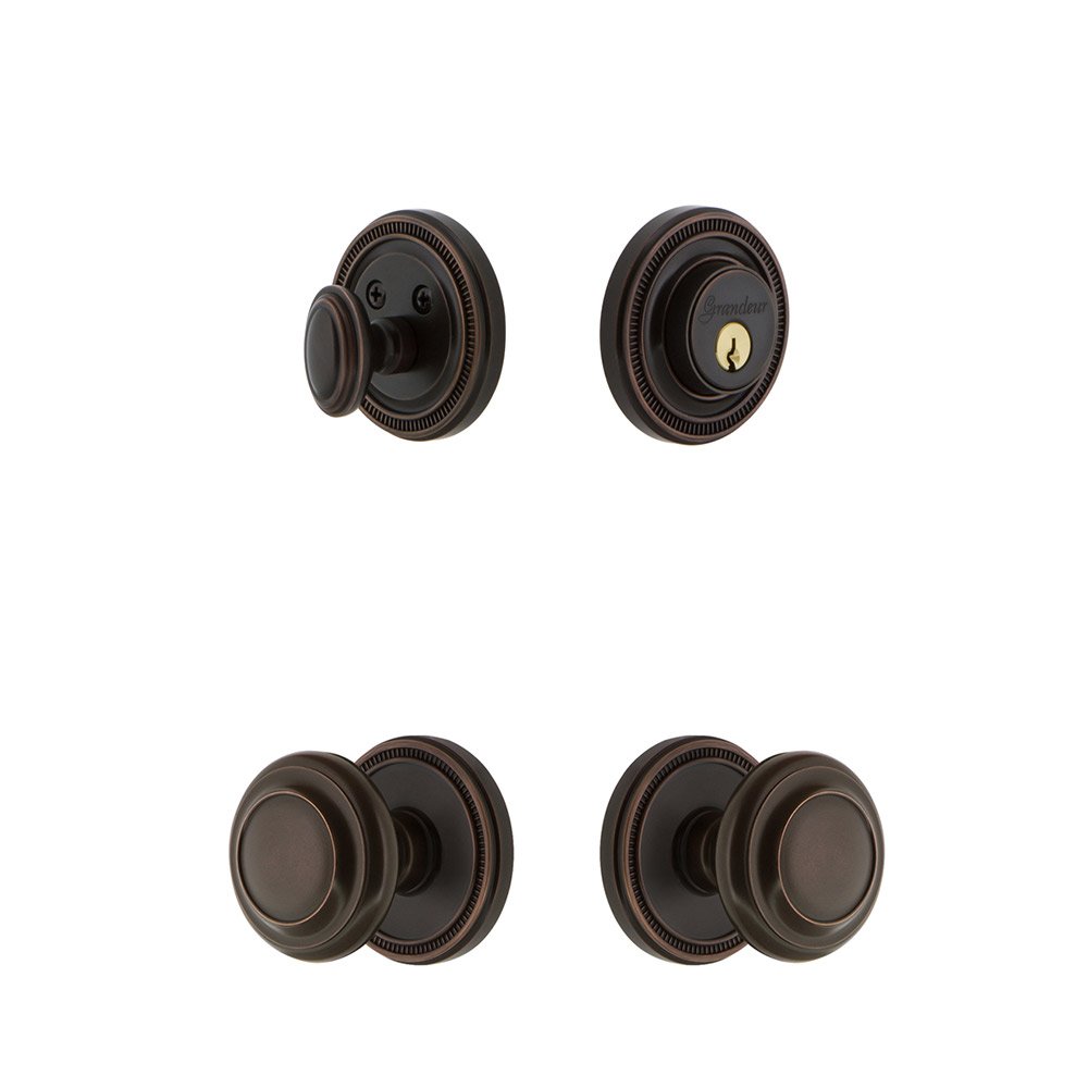 Soleil Rosette With Circulaire Knob & Matching Deadbolt In Timeless Bronze