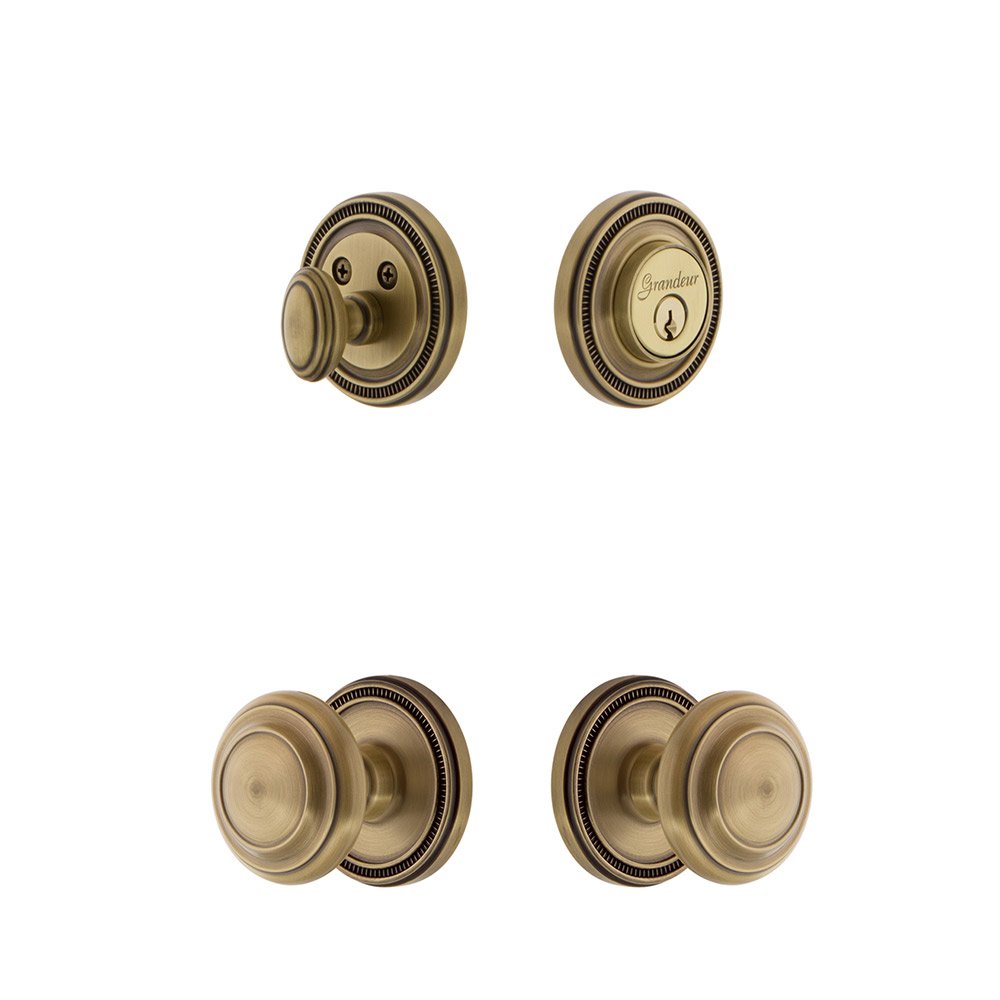 Soleil Rosette With Circulaire Knob & Matching Deadbolt In Vintage Brass