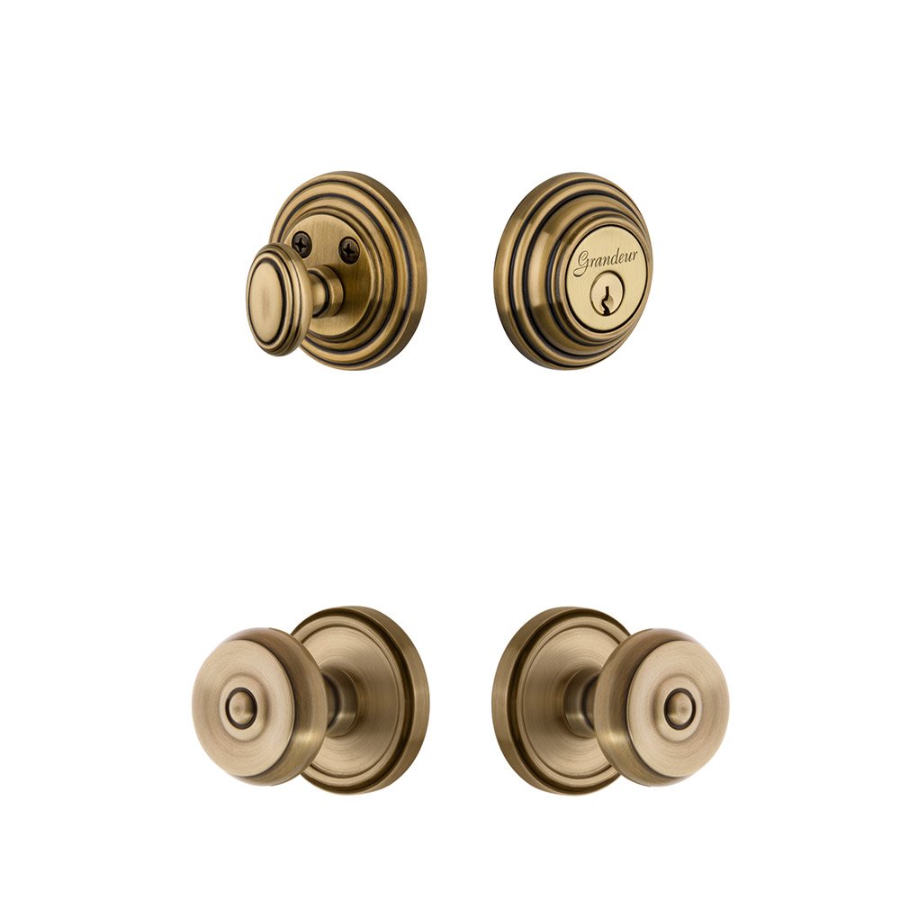 Georgetown Rosette With Bouton Knob & Matching Deadbolt In Vintage Brass