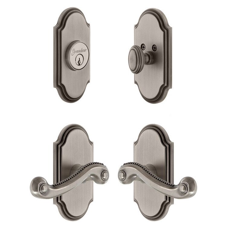 Handleset - Arc Plate With Newport Lever & Matching Deadbolt In Antique Pewter