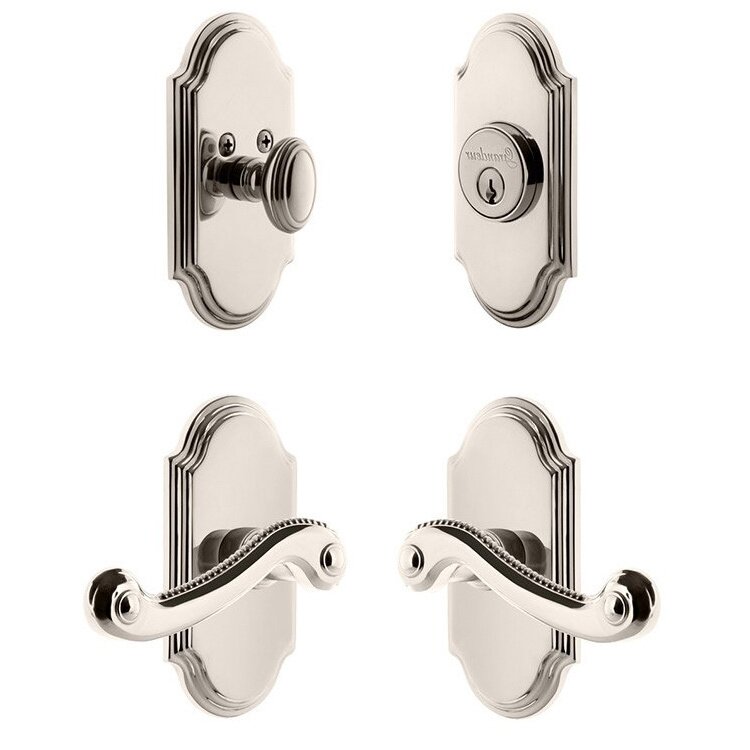 Handleset - Arc Plate With Newport Lever & Matching Deadbolt In Polished Nickel