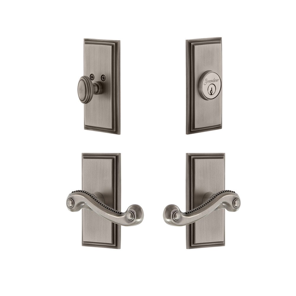 Handleset - Carre Plate With Newport Lever & Matching Deadbolt In Antique Pewter