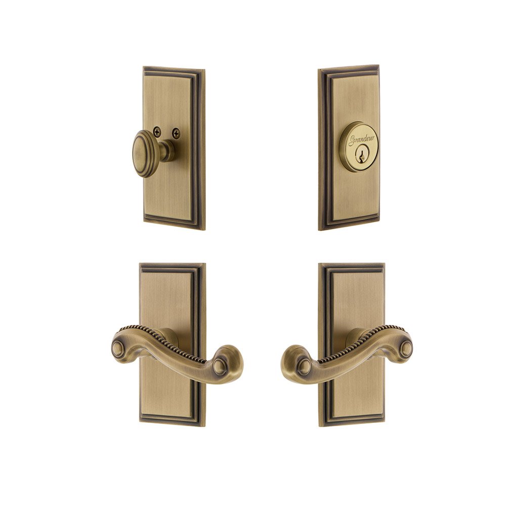 Handleset - Carre Plate With Newport Lever & Matching Deadbolt In Vintage Brass