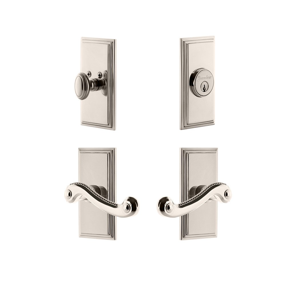 Handleset - Carre Plate With Newport Lever & Matching Deadbolt In Polished Nickel