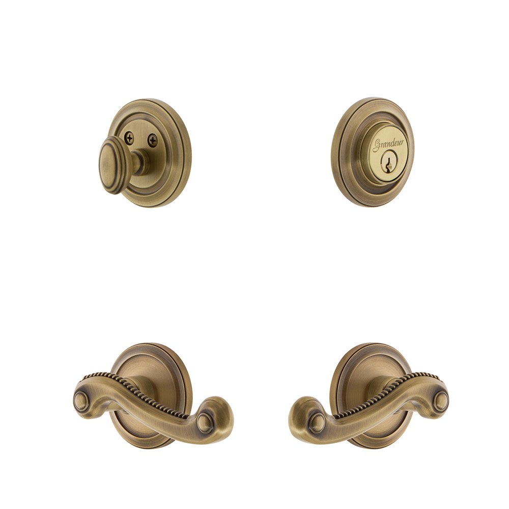 Handleset - Circulaire Rosette With Newport Lever & Matching Deadbolt In Vintage Brass
