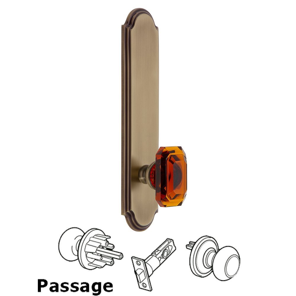 Tall Plate Passage with Baguette Amber Knob in Vintage Brass