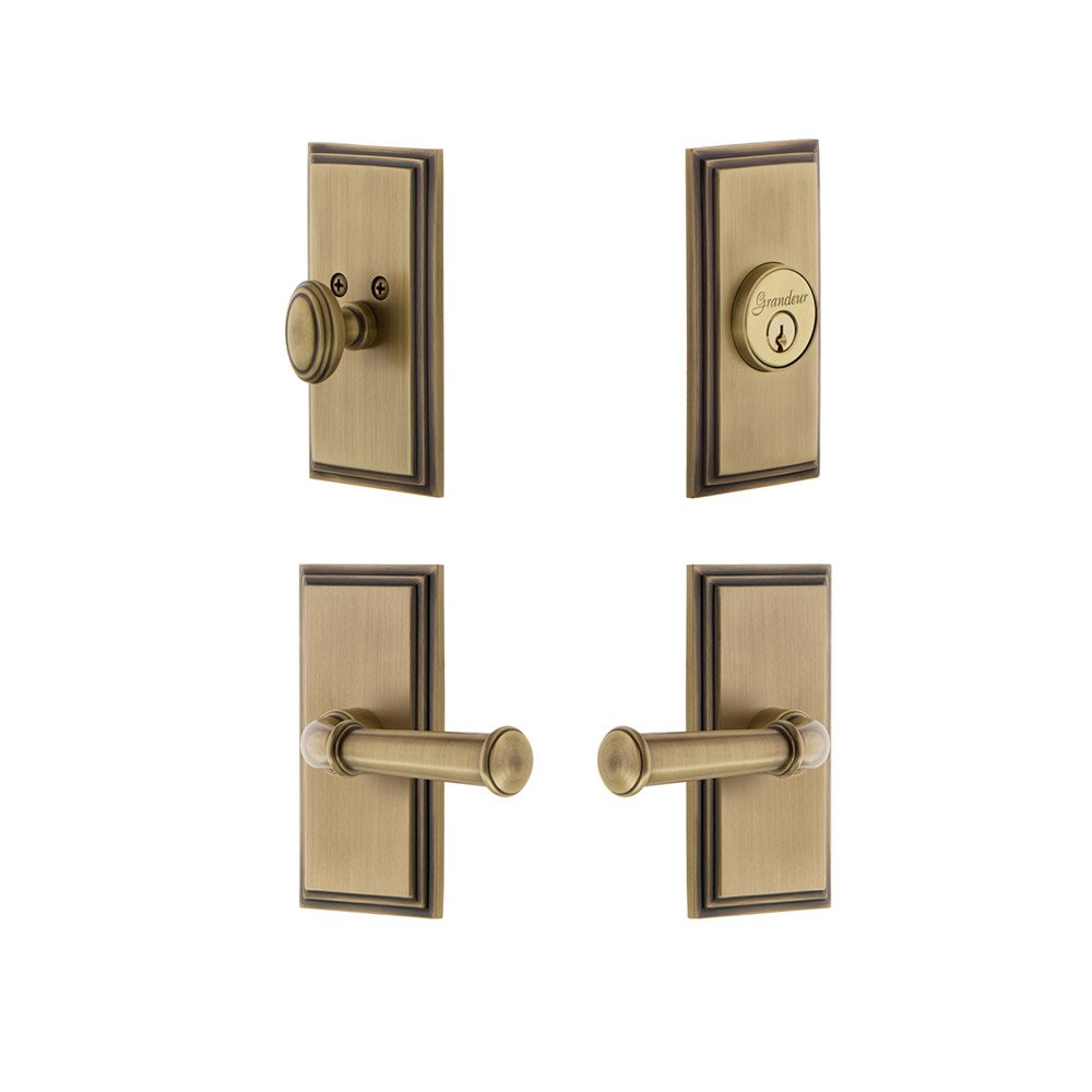 Handleset - Carre Plate With Georgetown Lever & Matching Deadbolt In Vintage Brass