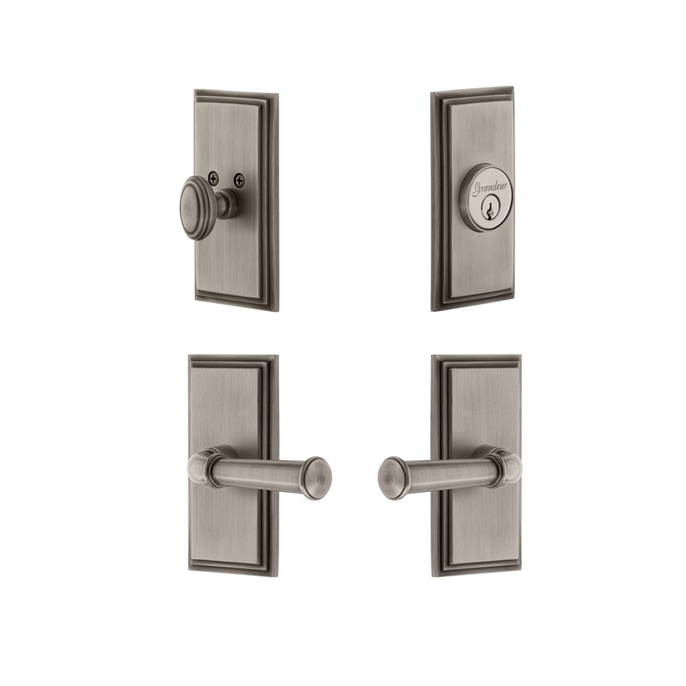 Handleset - Carre Plate With Georgetown Lever & Matching Deadbolt In Antique Pewter