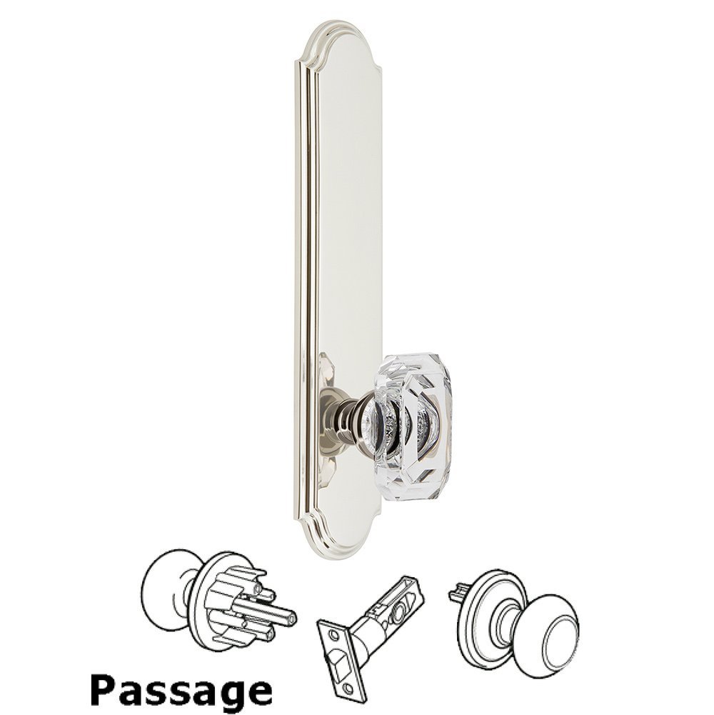 Tall Plate Passage with Baguette Clear Crystal Knob in Polished Nickel