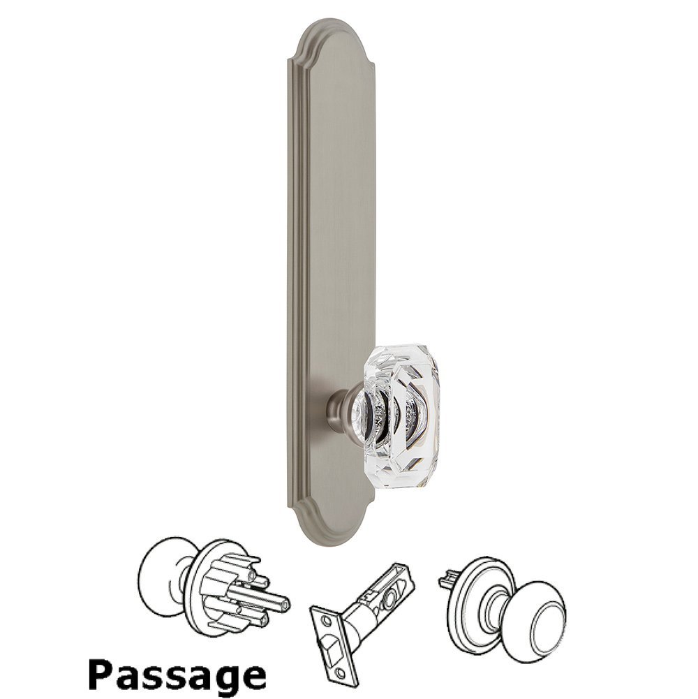 Tall Plate Passage with Baguette Clear Crystal Knob in Satin Nickel