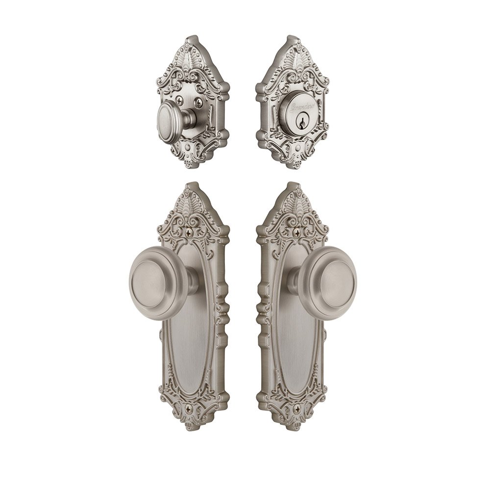Handleset - Grande Victorian Plate With Circulaire Knob & Matching Deadbolt In Satin Nickel