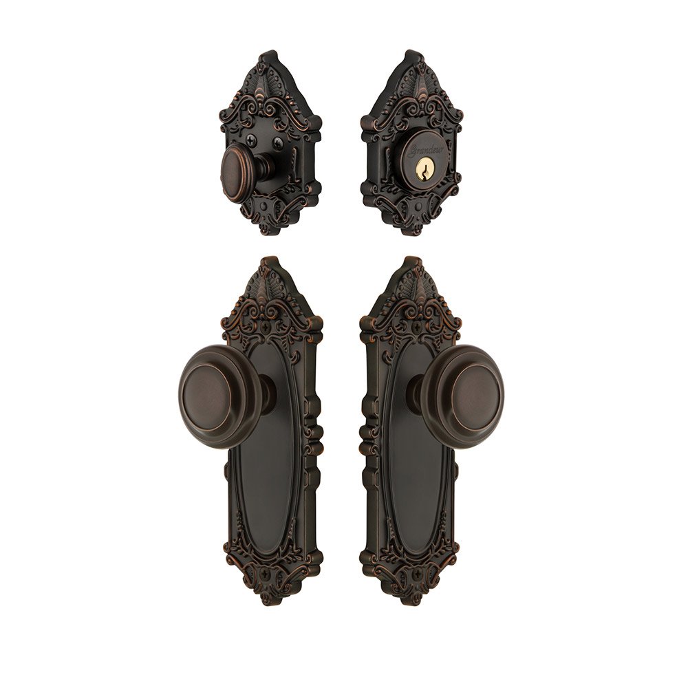 Handleset - Grande Victorian Plate With Circulaire Knob & Matching Deadbolt In Timeless Bronze