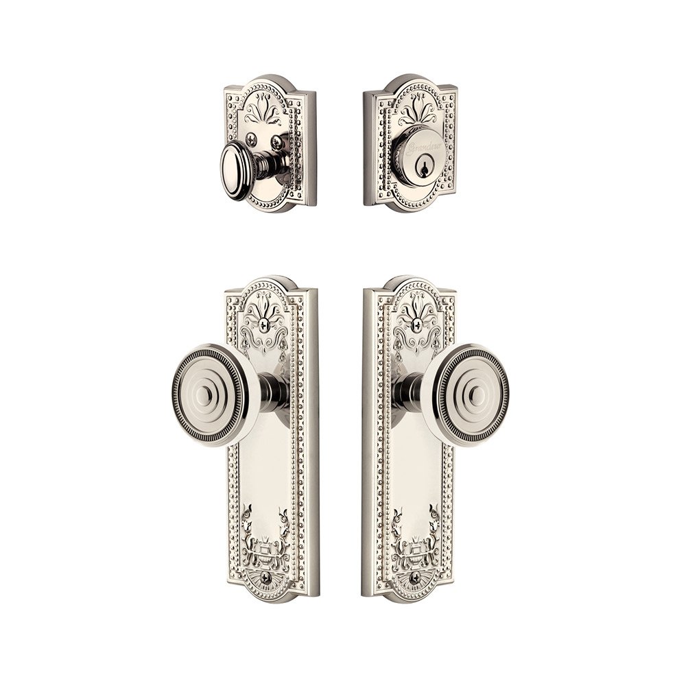 Parthenon Plate With Soleil Knob & Matching Deadbolt In Polished Nickel
