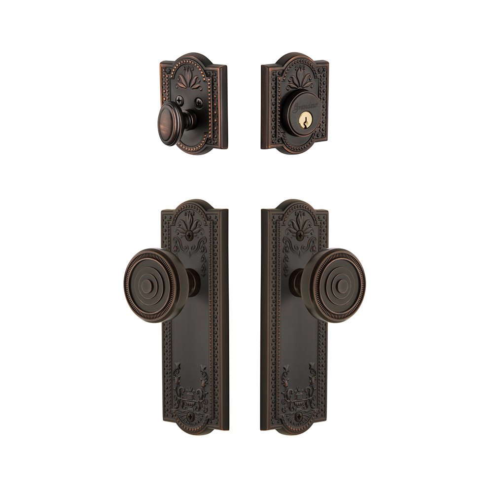 Parthenon Plate With Soleil Knob & Matching Deadbolt In Timeless Bronze