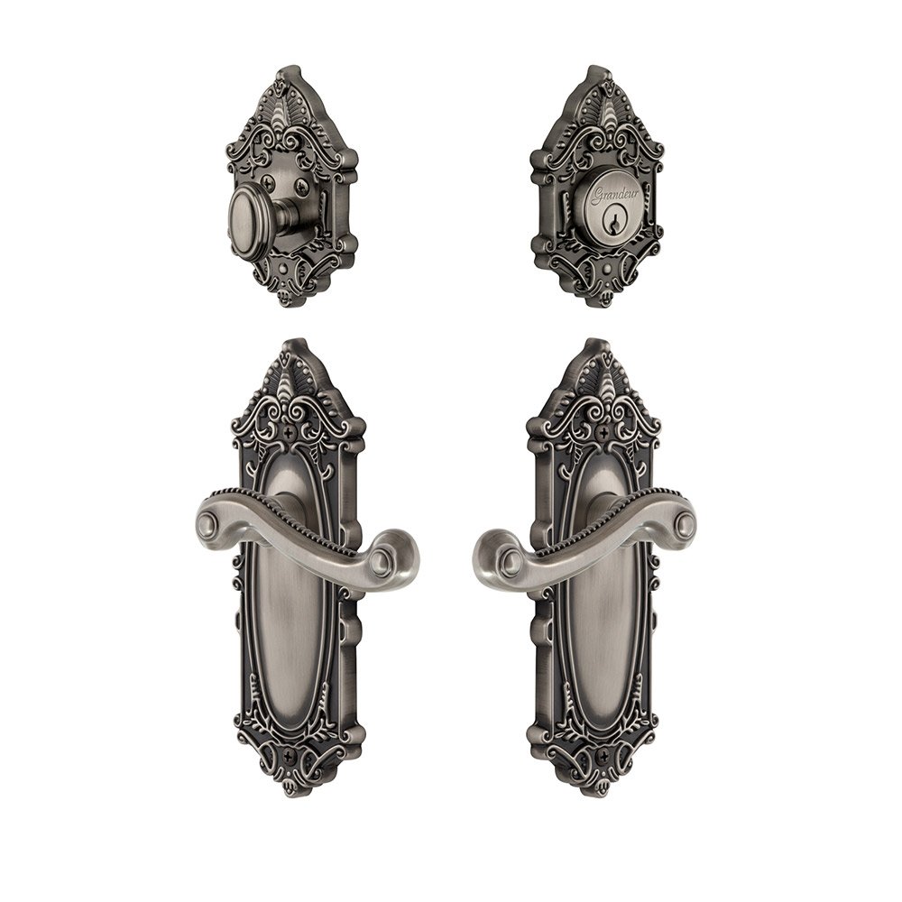 Handleset - Grande Victorian Plate With Newport Lever & Matching Deadbolt In Antique Pewter
