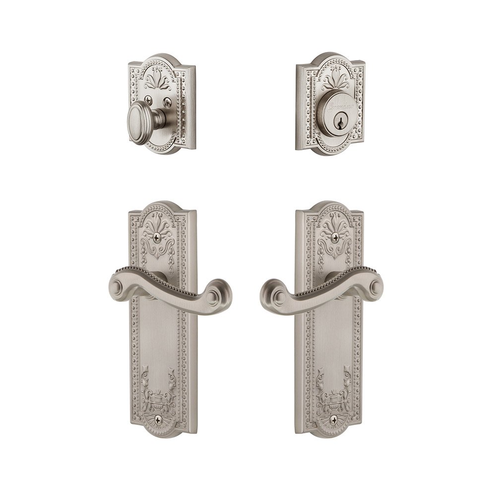 Parthenon Plate With Newport Lever & Matching Deadbolt In Satin Nickel