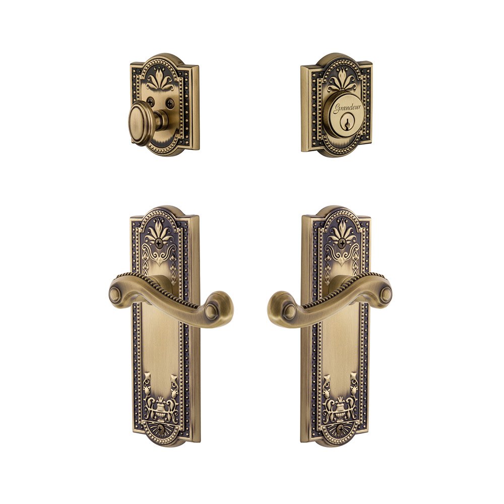 Parthenon Plate With Newport Lever & Matching Deadbolt In Vintage Brass