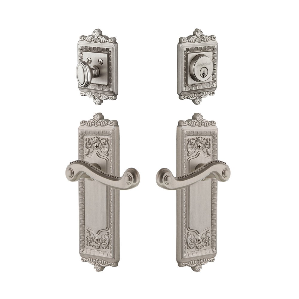 Windsor Plate With Newport Lever & Matching Deadbolt In Satin Nickel