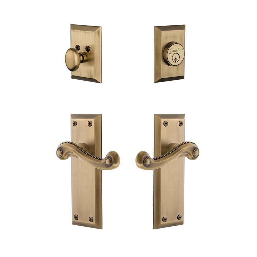 Fifth Avenue Plate With Newport Lever & Matching Deadbolt In Vintage Brass