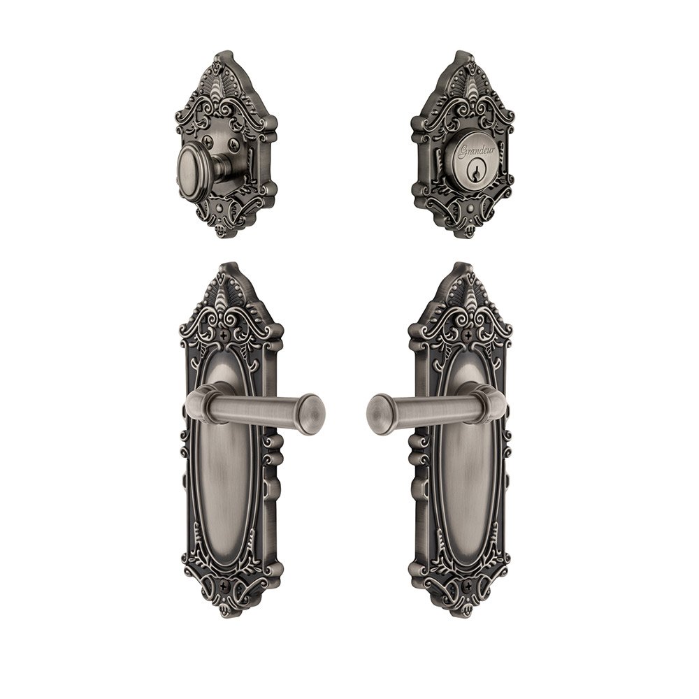 Handleset - Grande Victorian Plate With Georgetown Lever & Matching Deadbolt In Antique Pewter