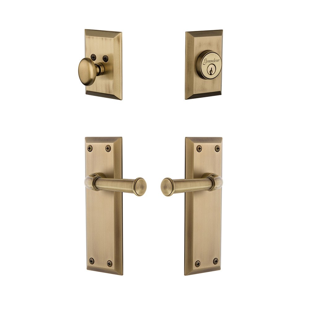 Fifth Avenue Plate With Georgetown Lever & Matching Deadbolt In Vintage Brass
