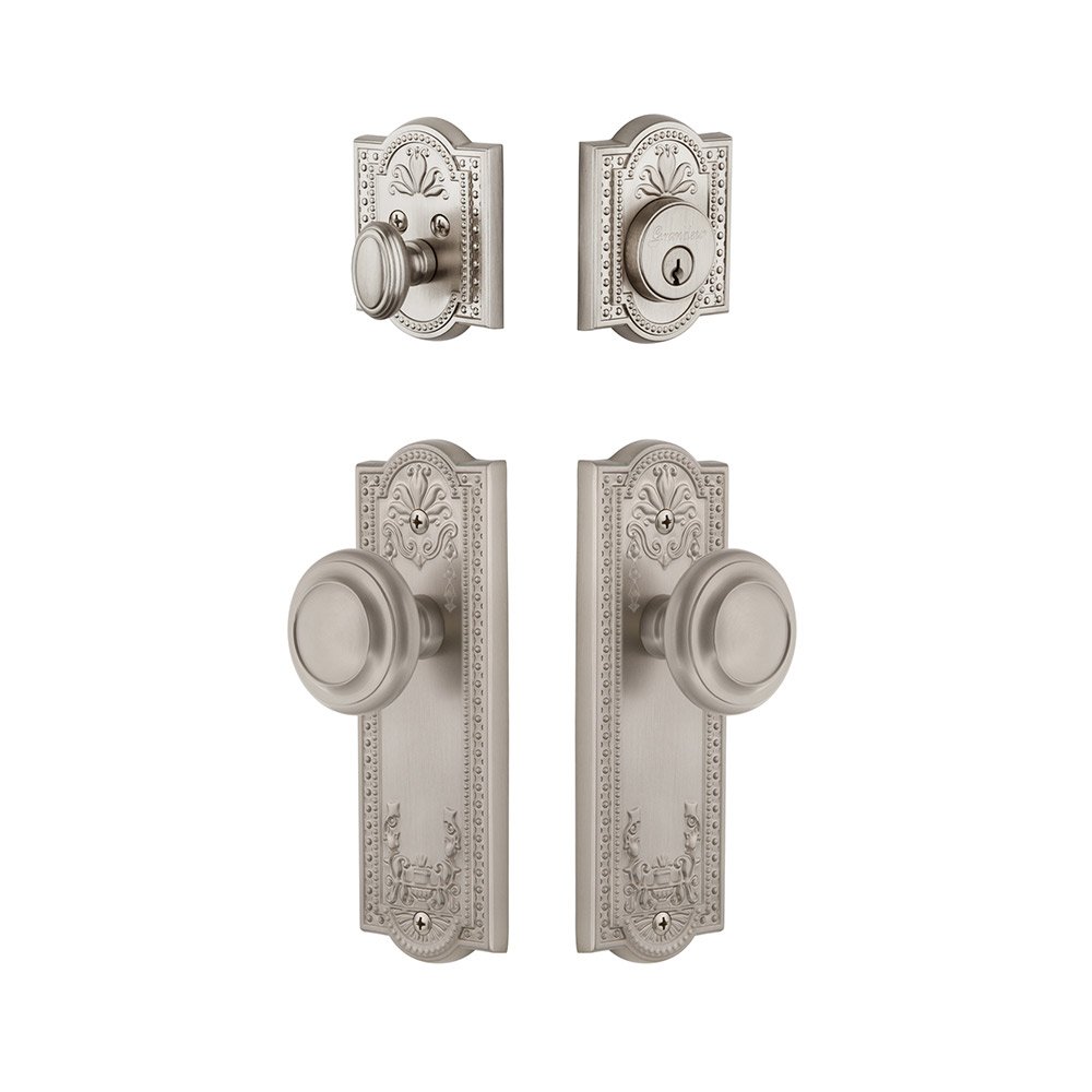 Parthenon Plate With Circulaire Knob & Matching Deadbolt In Satin Nickel