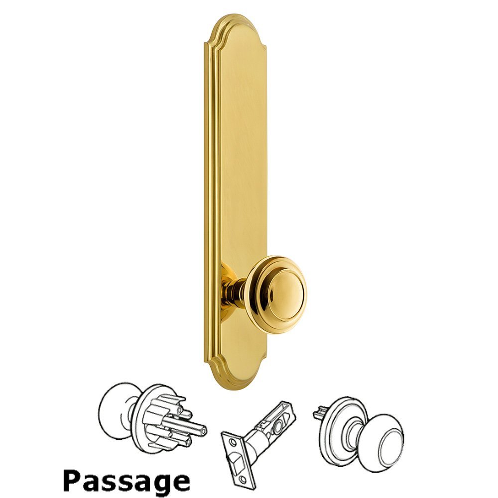 Tall Plate Passage with Circulaire Knob in Polished Brass