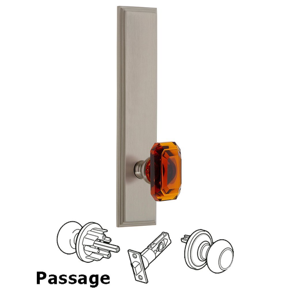 Passage Carre Tall Plate with Baguette Amber Knob in Satin Nickel