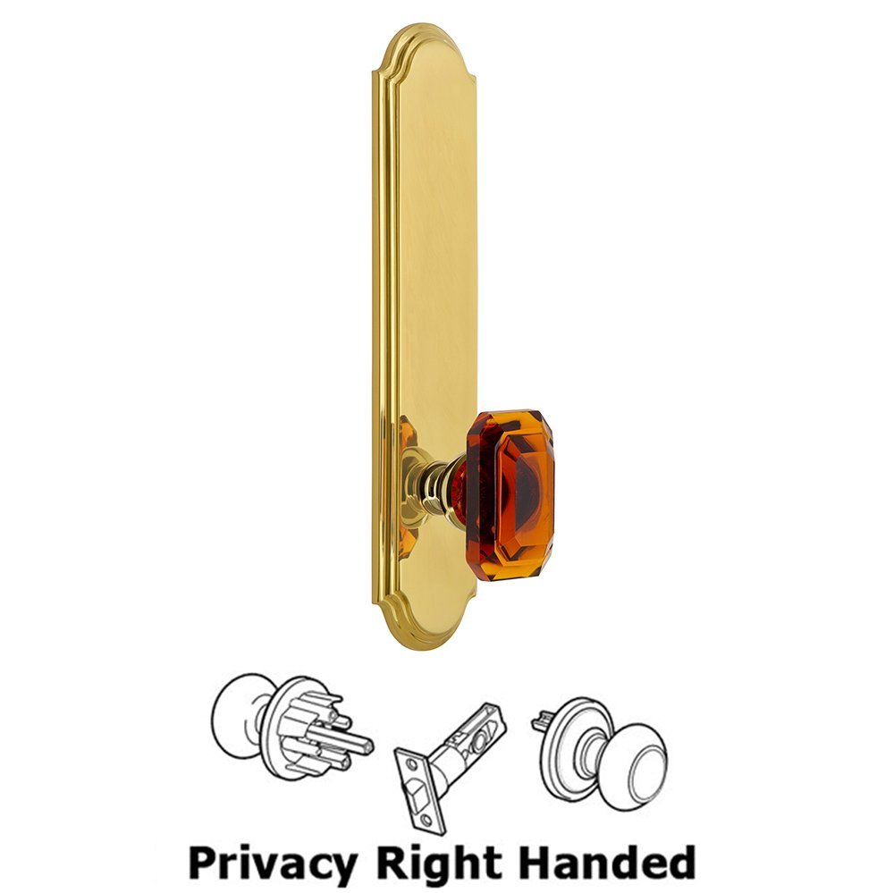 Tall Plate Privacy with Baguette Amber Right Handed Knob in Lifetime Brass