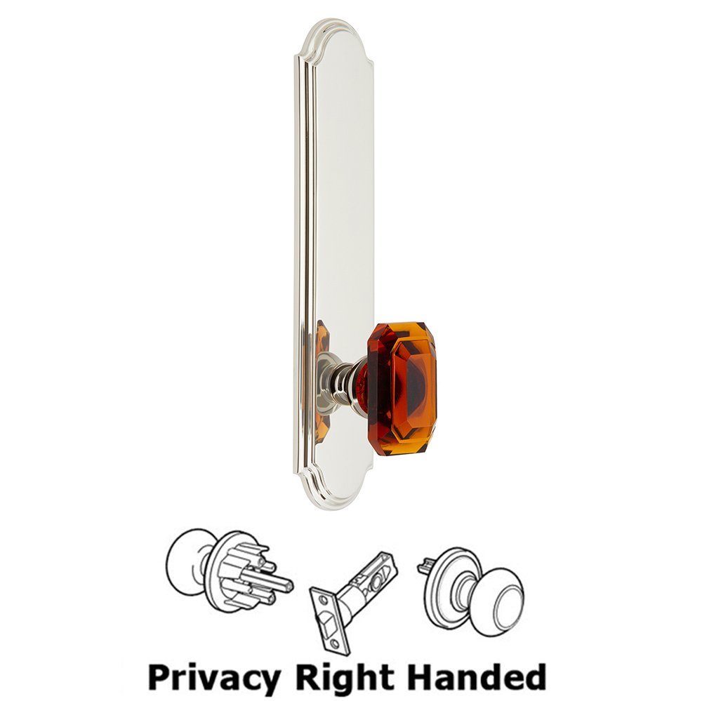 Tall Plate Privacy with Baguette Amber Right Handed Knob in Polished Nickel