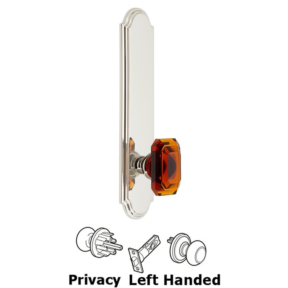 Tall Plate Privacy with Baguette Amber Left Handed Knob in Polished Nickel