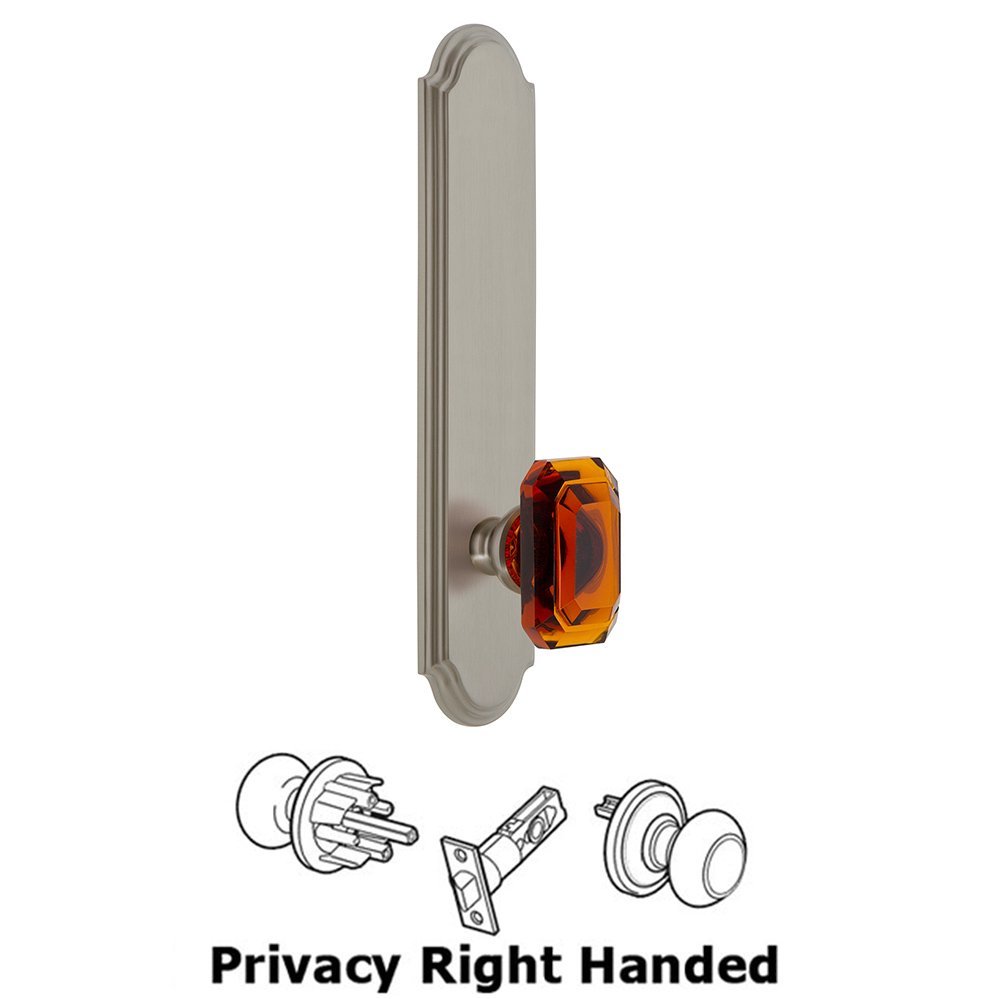 Tall Plate Privacy with Baguette Amber Right Handed Knob in Satin Nickel