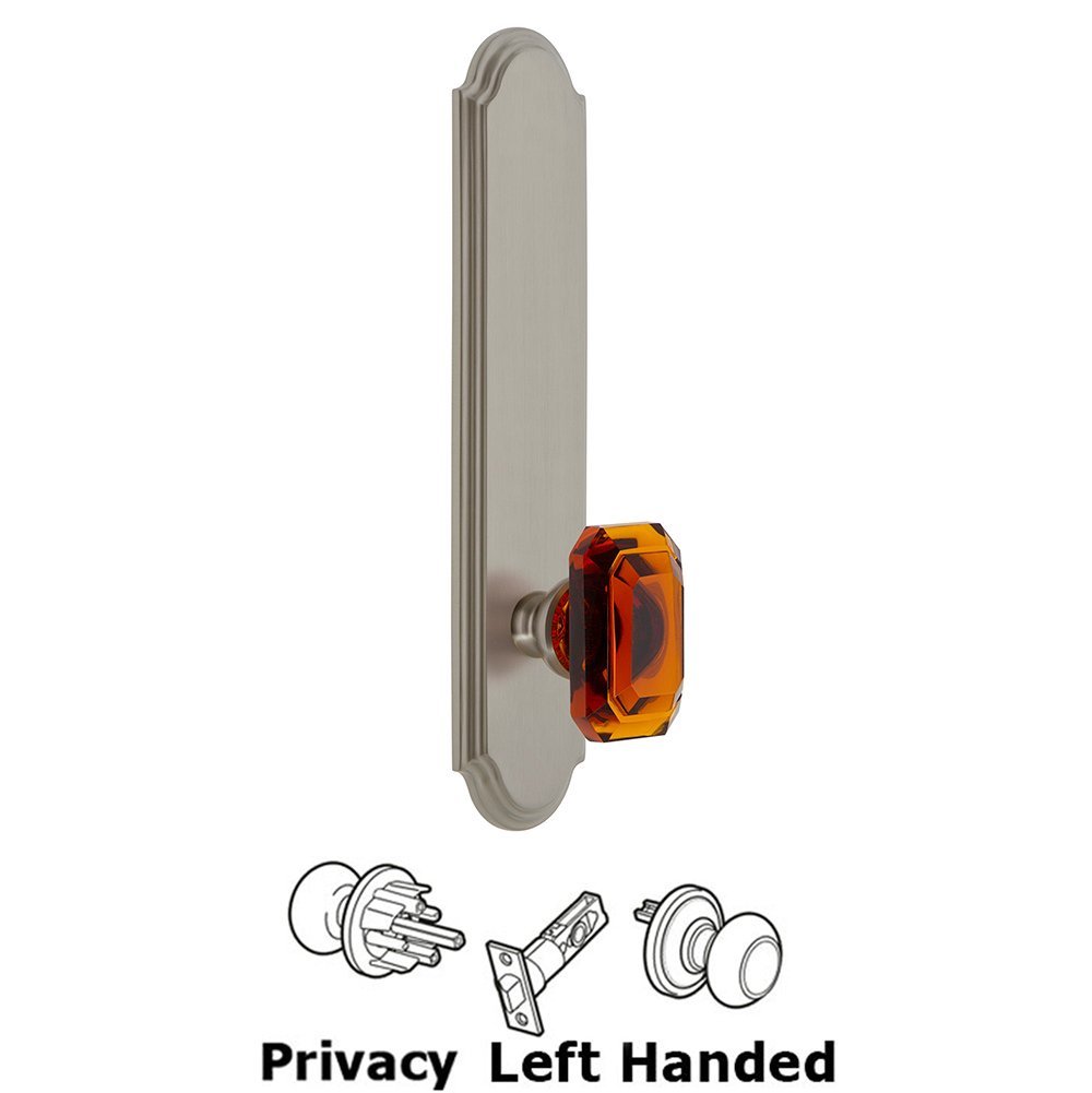 Tall Plate Privacy with Baguette Amber Left Handed Knob in Satin Nickel