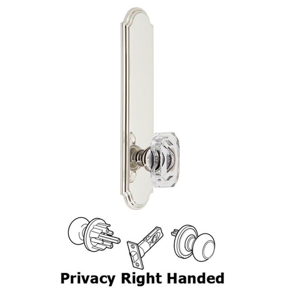 Tall Plate Privacy with Baguette Clear Crystal Right Handed Knob in Polished Nickel