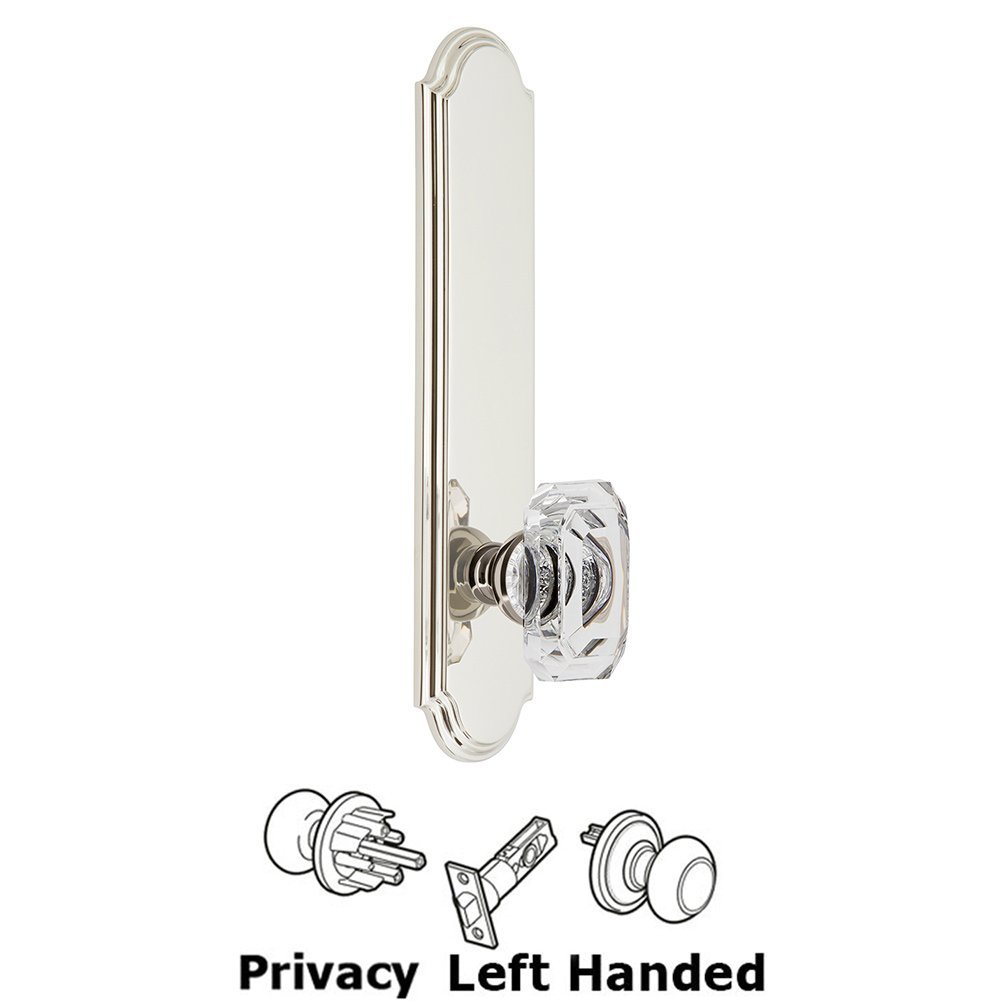 Tall Plate Privacy with Baguette Clear Crystal Left Handed Knob in Polished Nickel