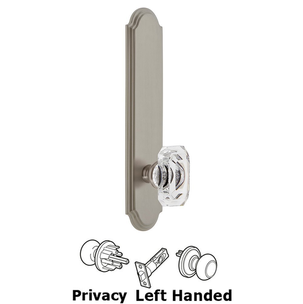Tall Plate Privacy with Baguette Clear Crystal Left Handed Knob in Satin Nickel