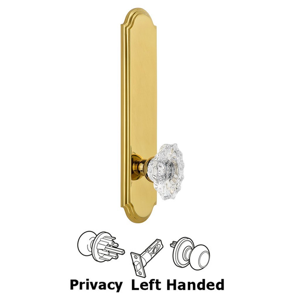 Tall Plate Privacy with Biarritz Left Handed Knob in Lifetime Brass