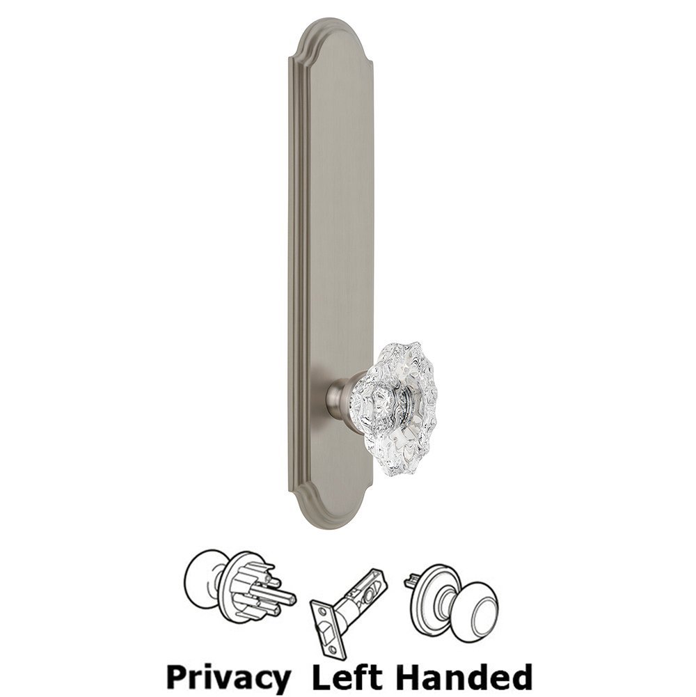 Tall Plate Privacy with Biarritz Left Handed Knob in Satin Nickel