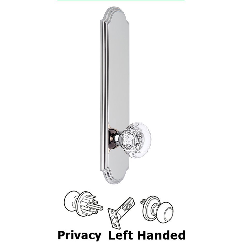 Tall Plate Privacy with Bordeaux Left Handed Knob in Bright Chrome