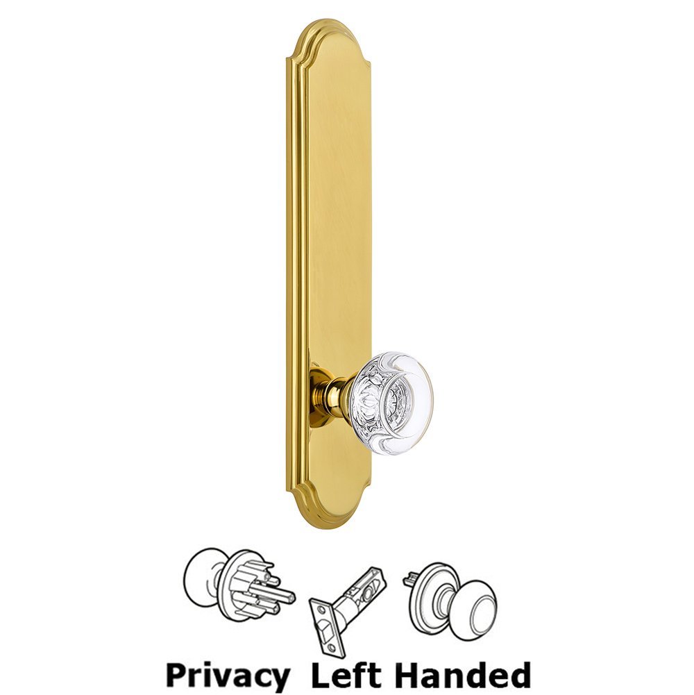 Tall Plate Privacy with Bordeaux Left Handed Knob in Lifetime Brass