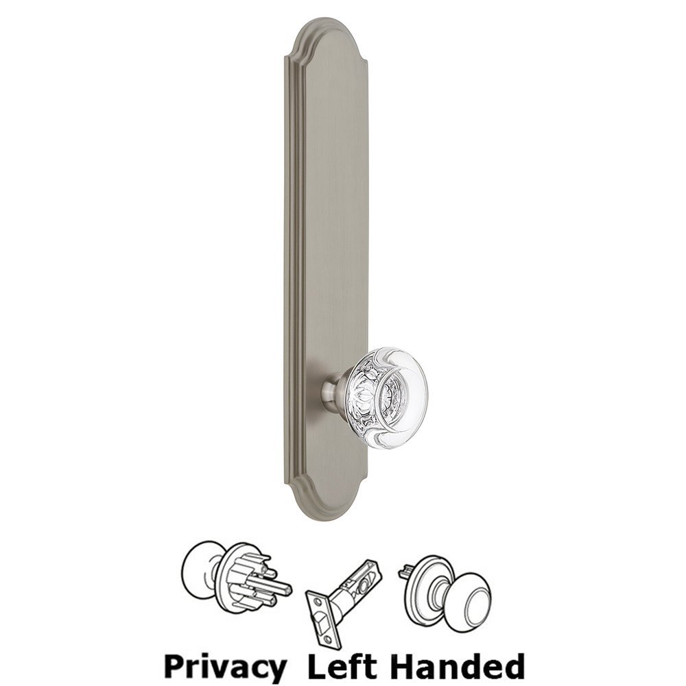 Tall Plate Privacy with Bordeaux Left Handed Knob in Satin Nickel