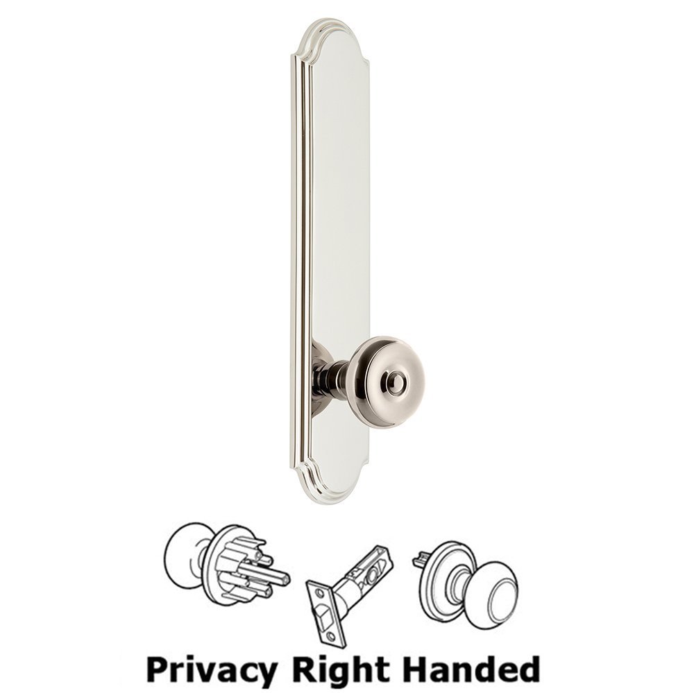 Tall Plate Privacy with Bouton Right Handed Knob in Polished Nickel