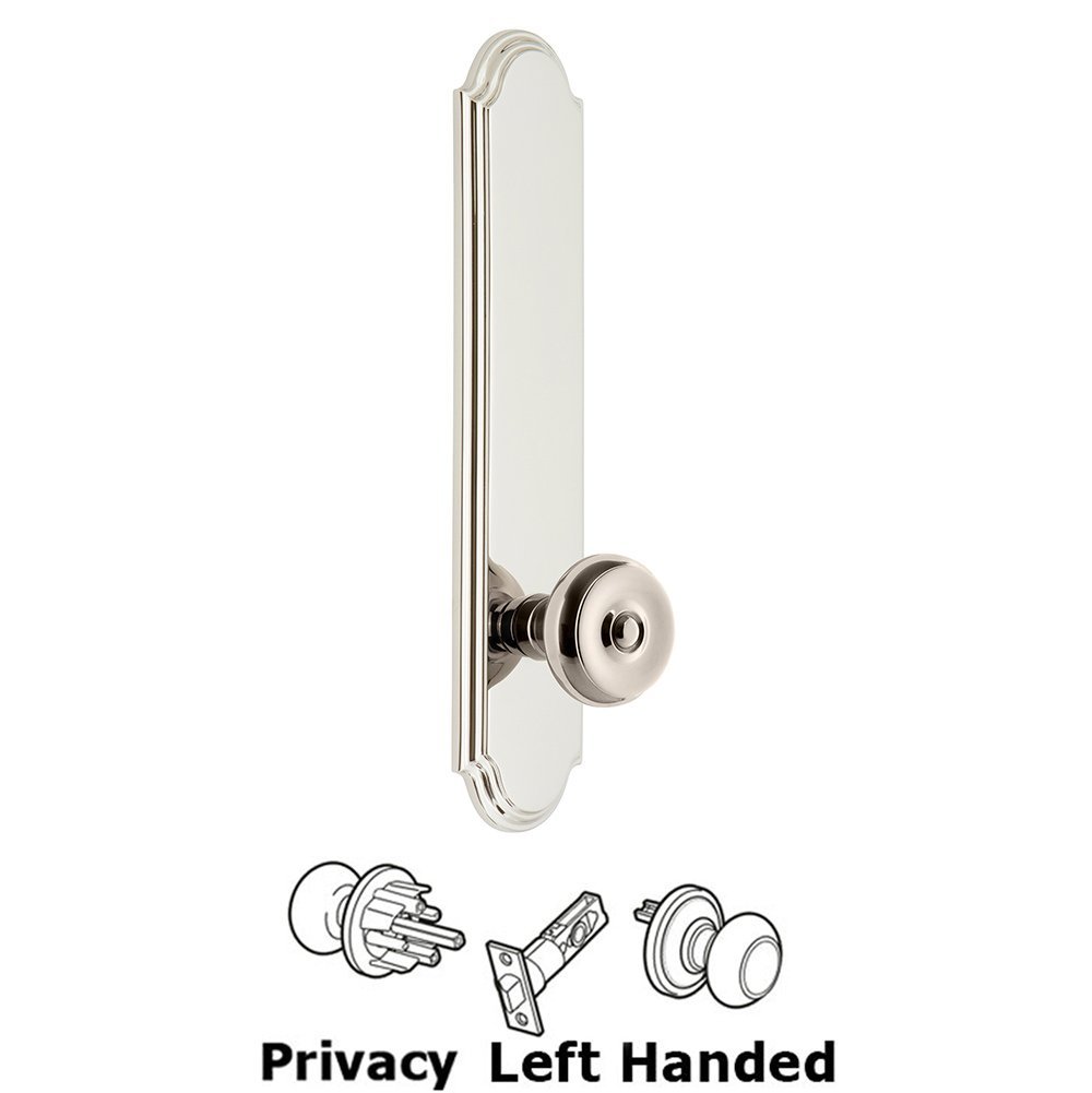 Tall Plate Privacy with Bouton Left Handed Knob in Polished Nickel